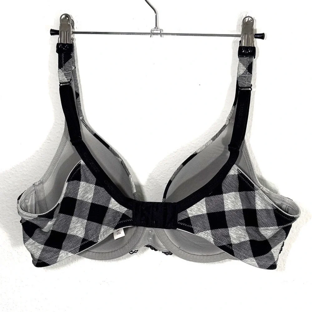 Cacique 38C Black Grey Buffalo Plaid T-Shirt Bra Lace Trim 1082926 Dark Academia